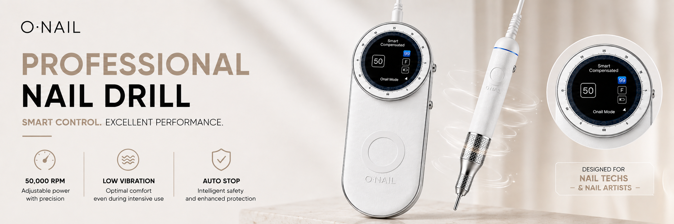 ONAIL - Professional nail drill with Smart Control, 50,000 RPM, low vibration and automatic stop